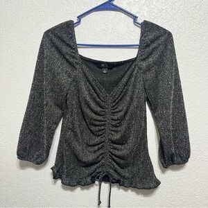 BCX black and silver glitter three-quarter sleeve ruched top size S